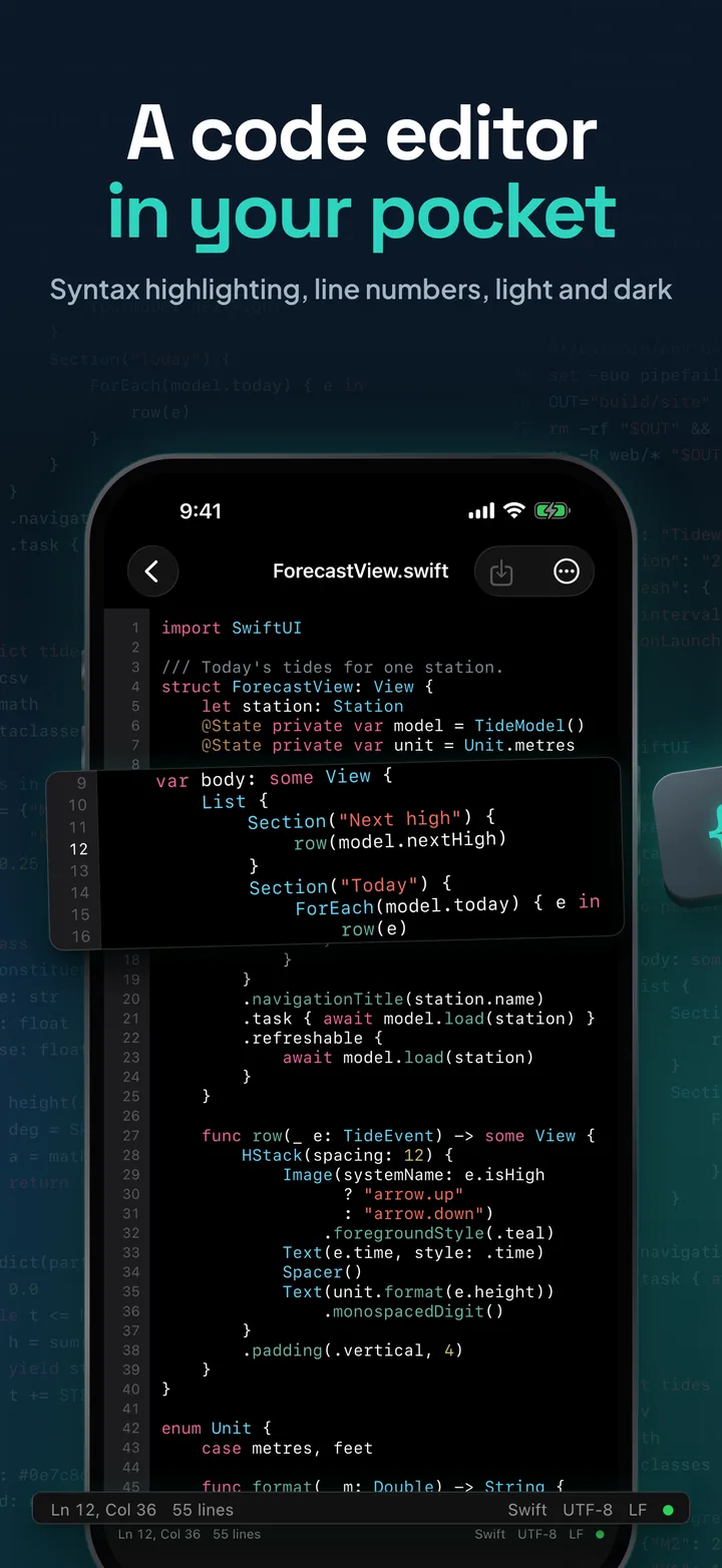 A code editor in your pocket: a Swift file open in dark mode with syntax highlighting, line numbers and the current line marked, and the status bar showing line 12, column 36, Swift, UTF-8 and LF.