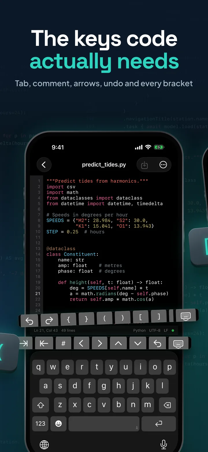 The keys code actually needs: a Python file with the keyboard up and the developer key row above it, with tab, outdent, comment, arrow, undo and bracket keys.
