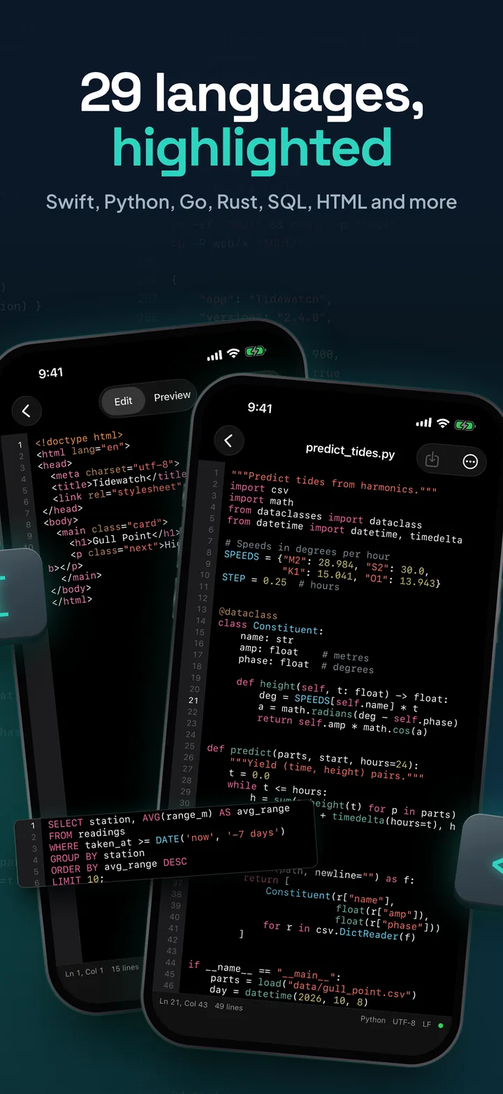 29 languages, highlighted: an HTML file and a Python file side by side, with a highlighted SQL query lifted out beside them.