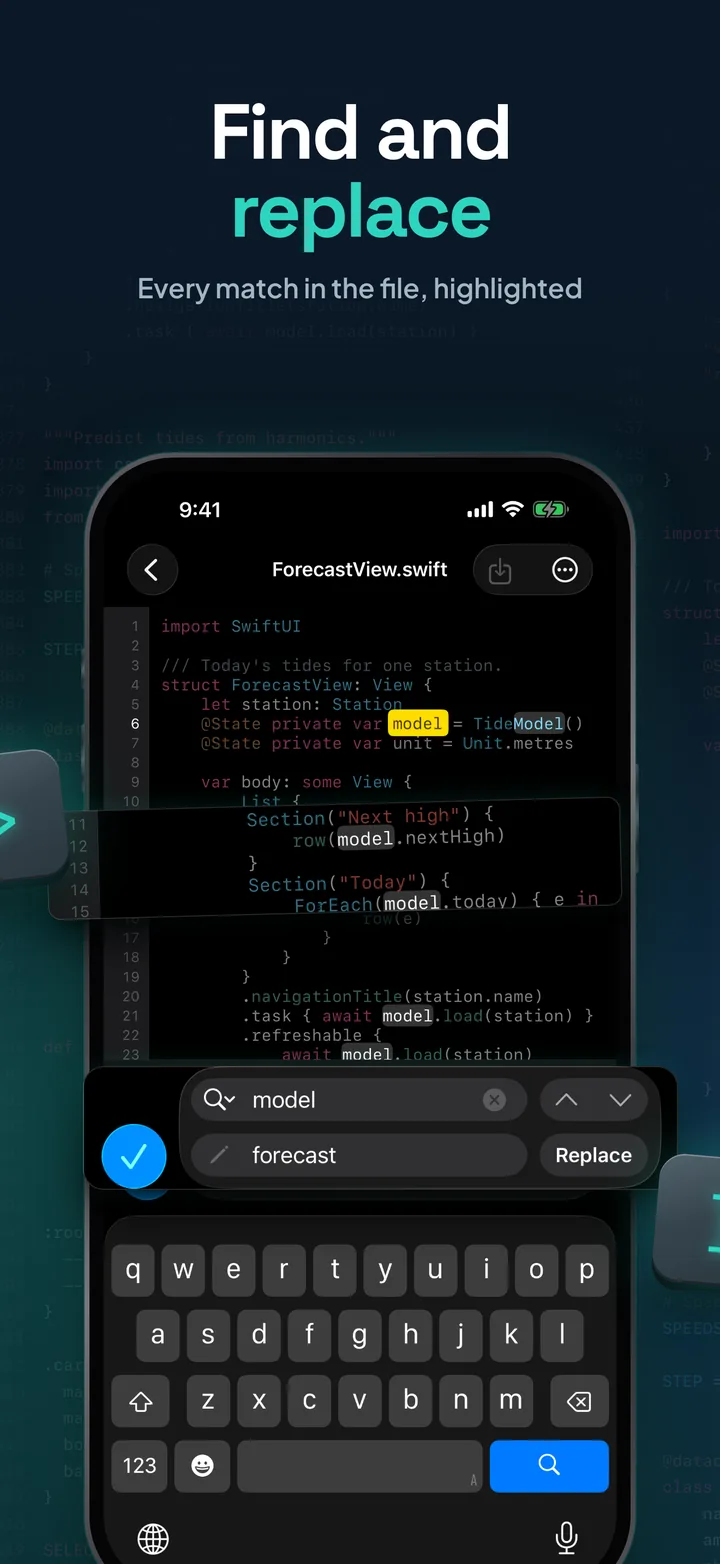 Find and replace: the find bar searching for model with forecast as the replacement, and every match highlighted in the Swift file.