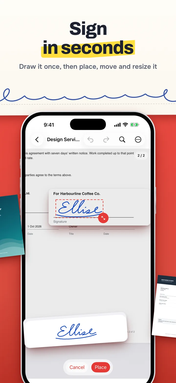 Sign in seconds: a saved signature being placed on the client's signature line of a services agreement, with Cancel and Place, and the saved signature beside the phone.