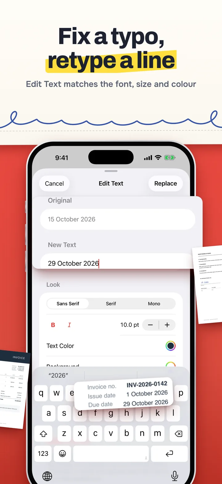 Fix a typo, retype a line: Edit Text changing an invoice due date from 15 October 2026 to 29 October 2026, with font, size and colour options, and the corrected invoice beside the phone.