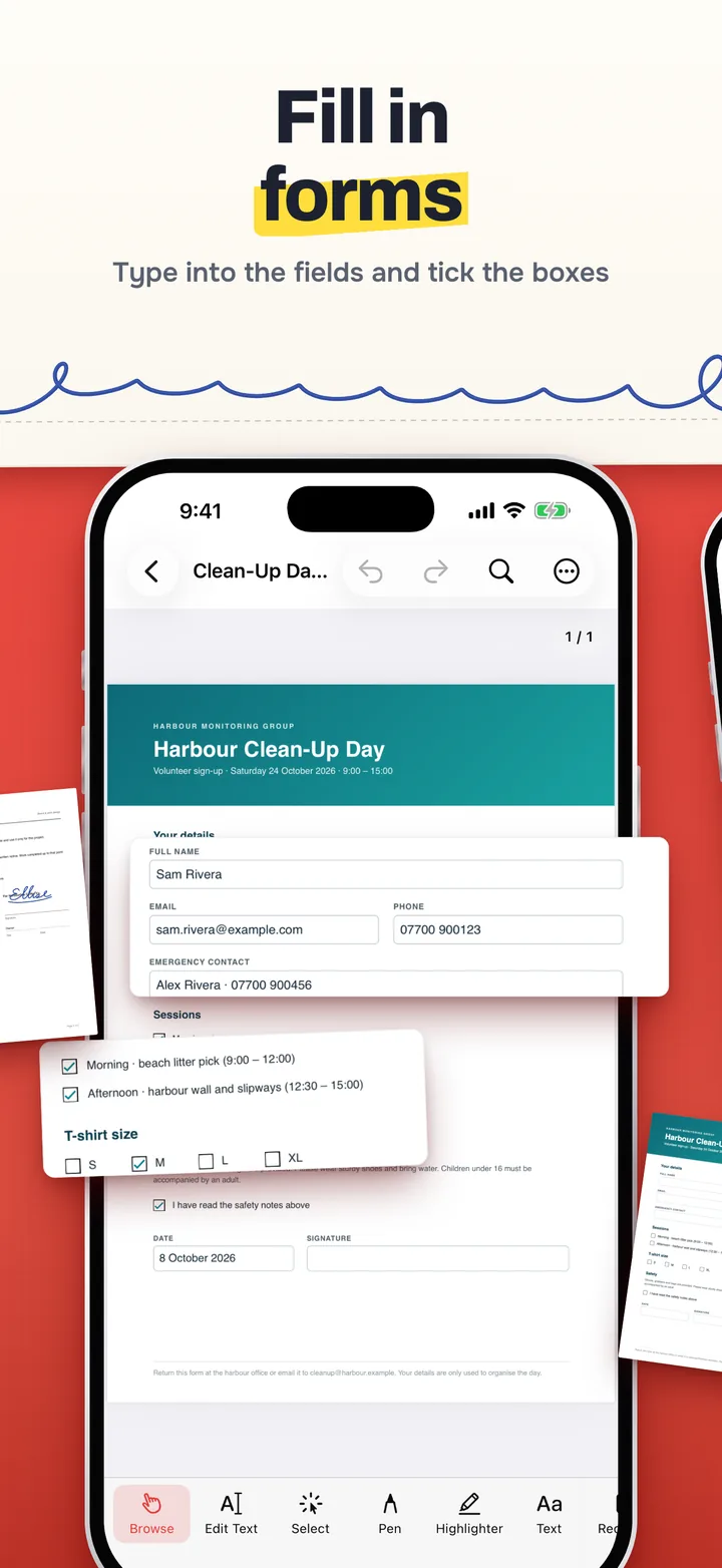 Fill in forms: a volunteer sign-up form with the name, email, phone and emergency contact filled in, and the session and T-shirt size boxes ticked.
