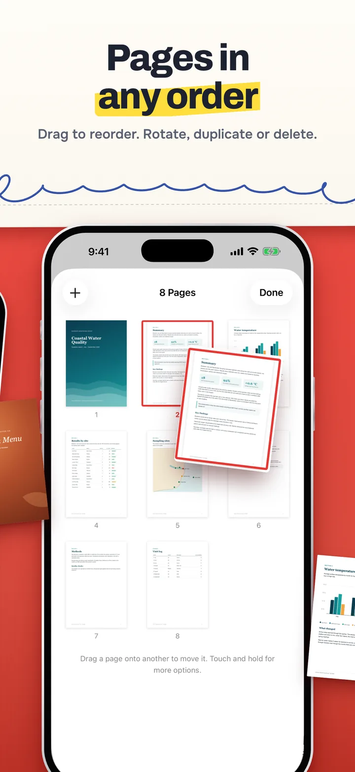 Pages in any order: the page grid of an eight-page report, with page 2 lifted out as it is dragged to a new place.