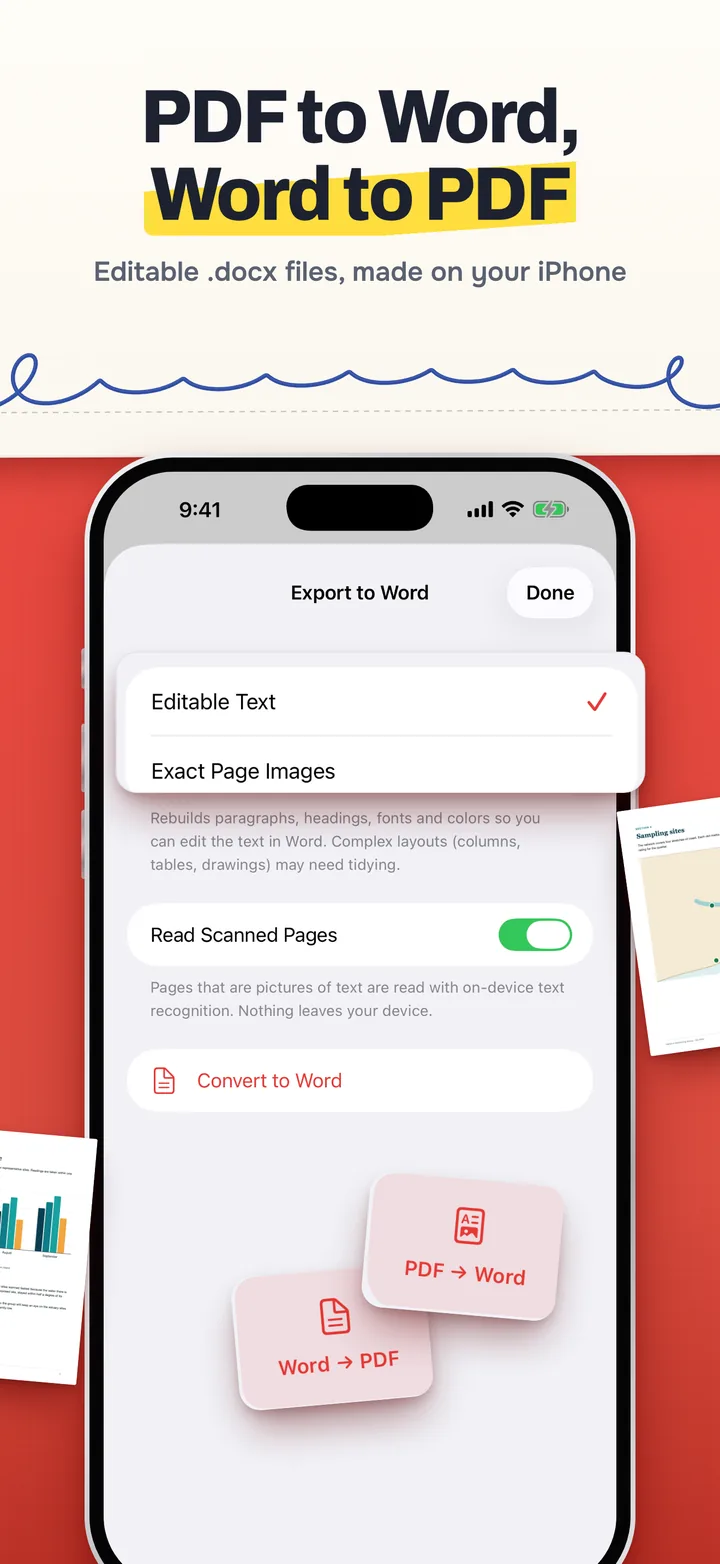 PDF to Word, Word to PDF: the Export to Word sheet with Editable Text, Exact Page Images and Read Scanned Pages, and the Word to PDF and PDF to Word buttons beside it.