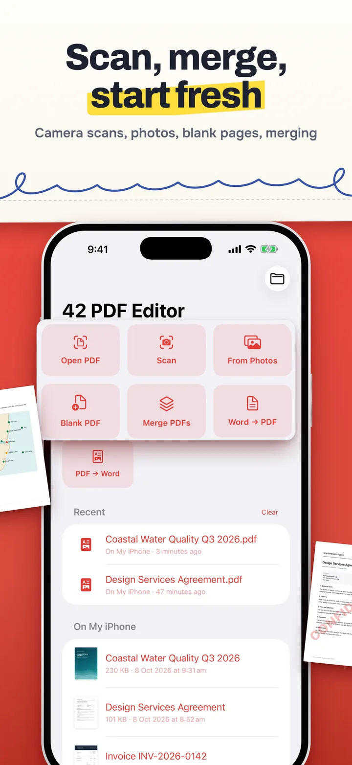 Scan, merge, start fresh: the 42 PDF Editor home screen with Open PDF, Scan, From Photos, Blank PDF, Merge PDFs, Word to PDF and PDF to Word, then recent files and PDFs on the iPhone.