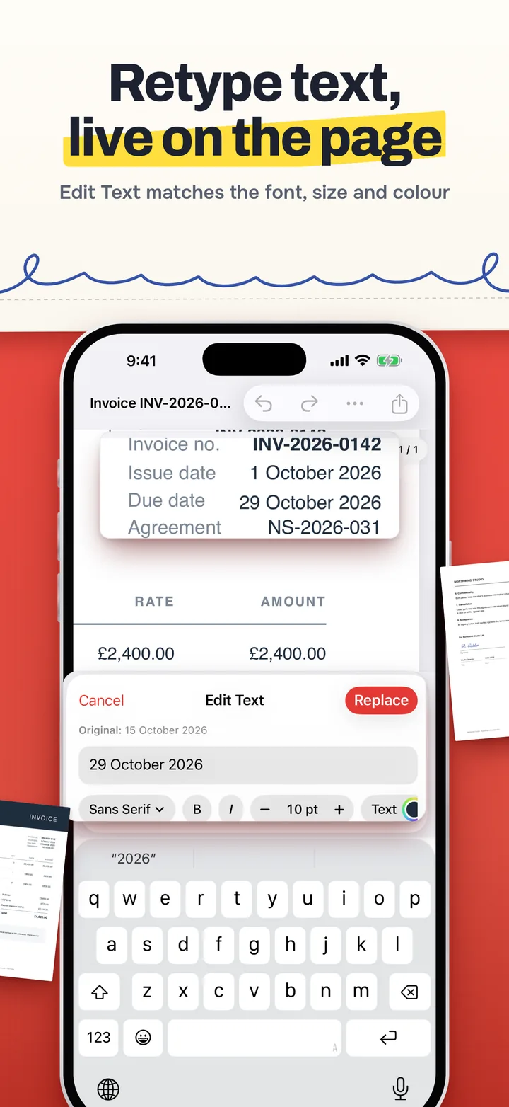 Retype text, live on the page: Edit Text changing an invoice due date from 15 October 2026 to 29 October 2026, with the new date drawn on the page as it is typed and the font, size and colour options above the keyboard.