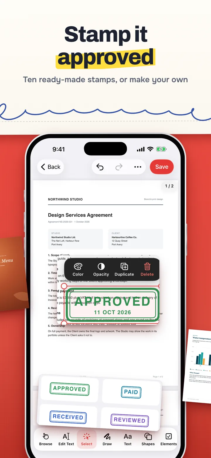 Stamp it approved: an APPROVED stamp dated 11 Oct 2026 selected on a services agreement, with Color, Opacity, Duplicate and Delete, and the Approved, Paid, Received and Reviewed stamps beside it.