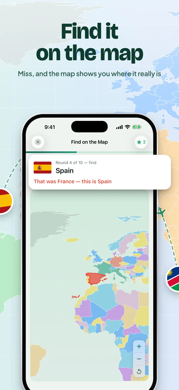 Find it on the map: the Map Challenge after a miss, with Spain highlighted and the message that was France, this is Spain.