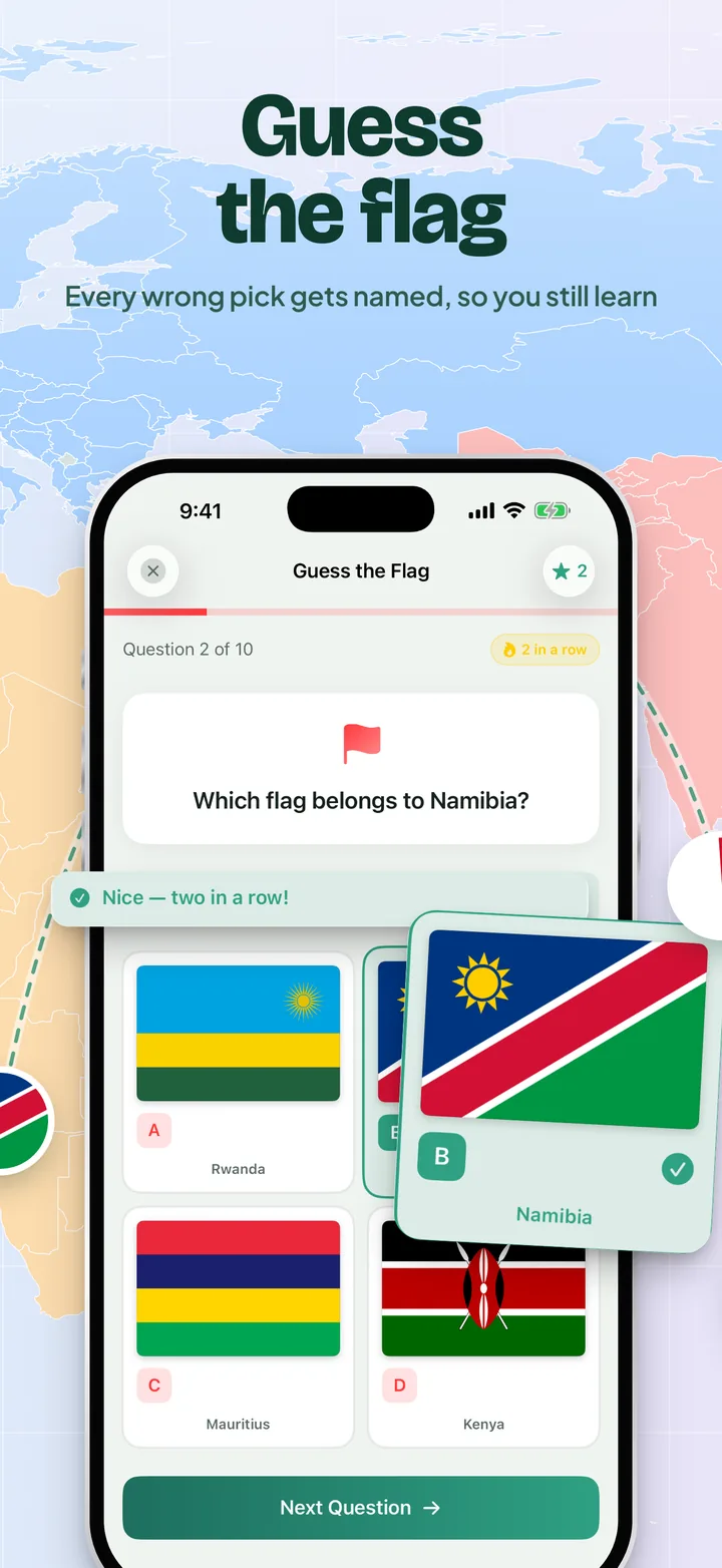 Guess the flag: which flag belongs to Namibia, with four flag cards and the correct Namibia card lifted out beside the phone.