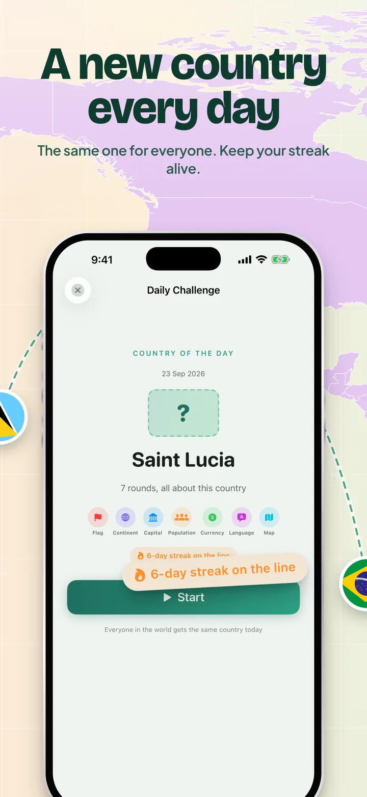 A new country every day: the Country of the Day, Saint Lucia, with a six-day streak on the line.