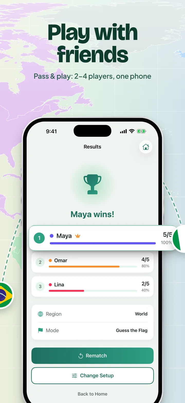 Play with friends: Versus results with Maya winning five out of five ahead of Omar and Lina.