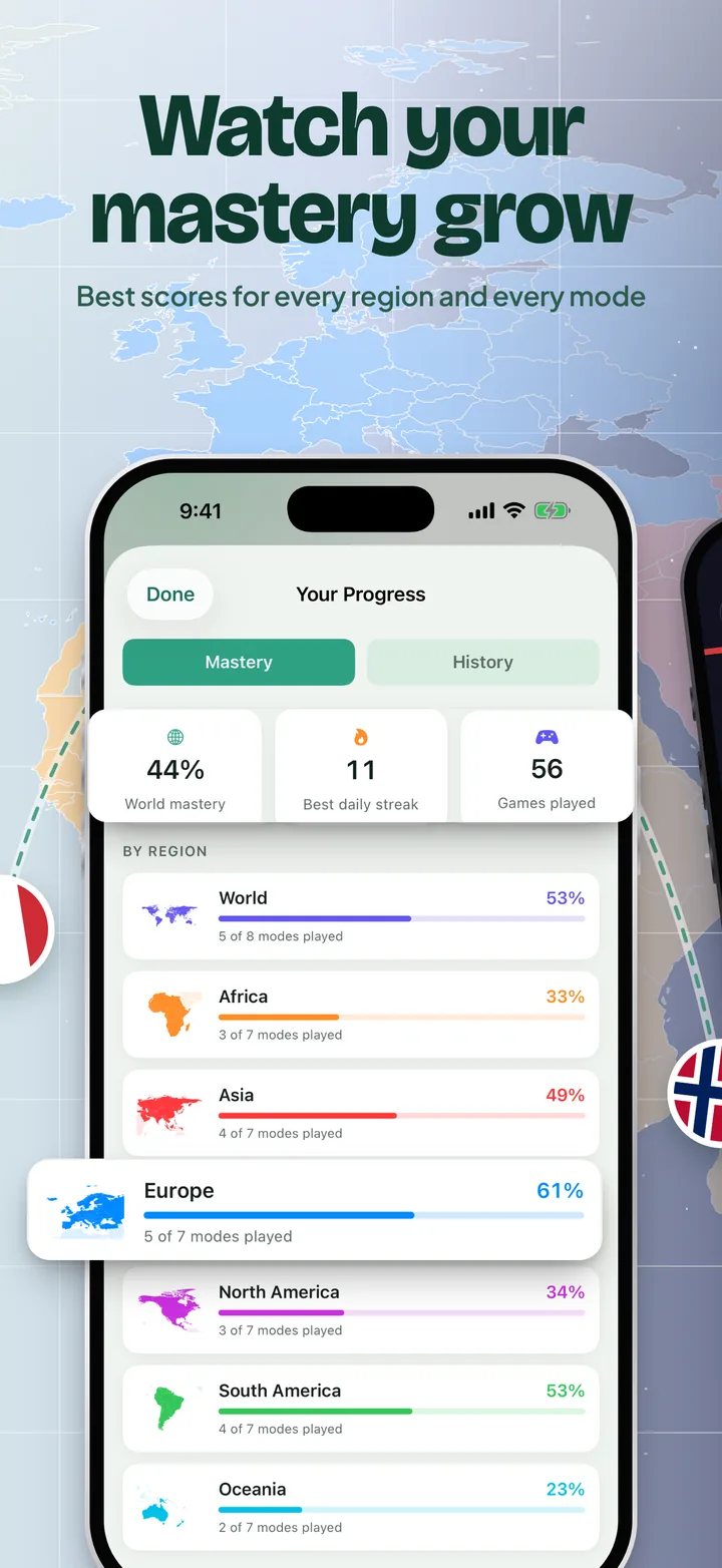 Watch your mastery grow: world mastery, best daily streak, games played and a mastery bar for each region.