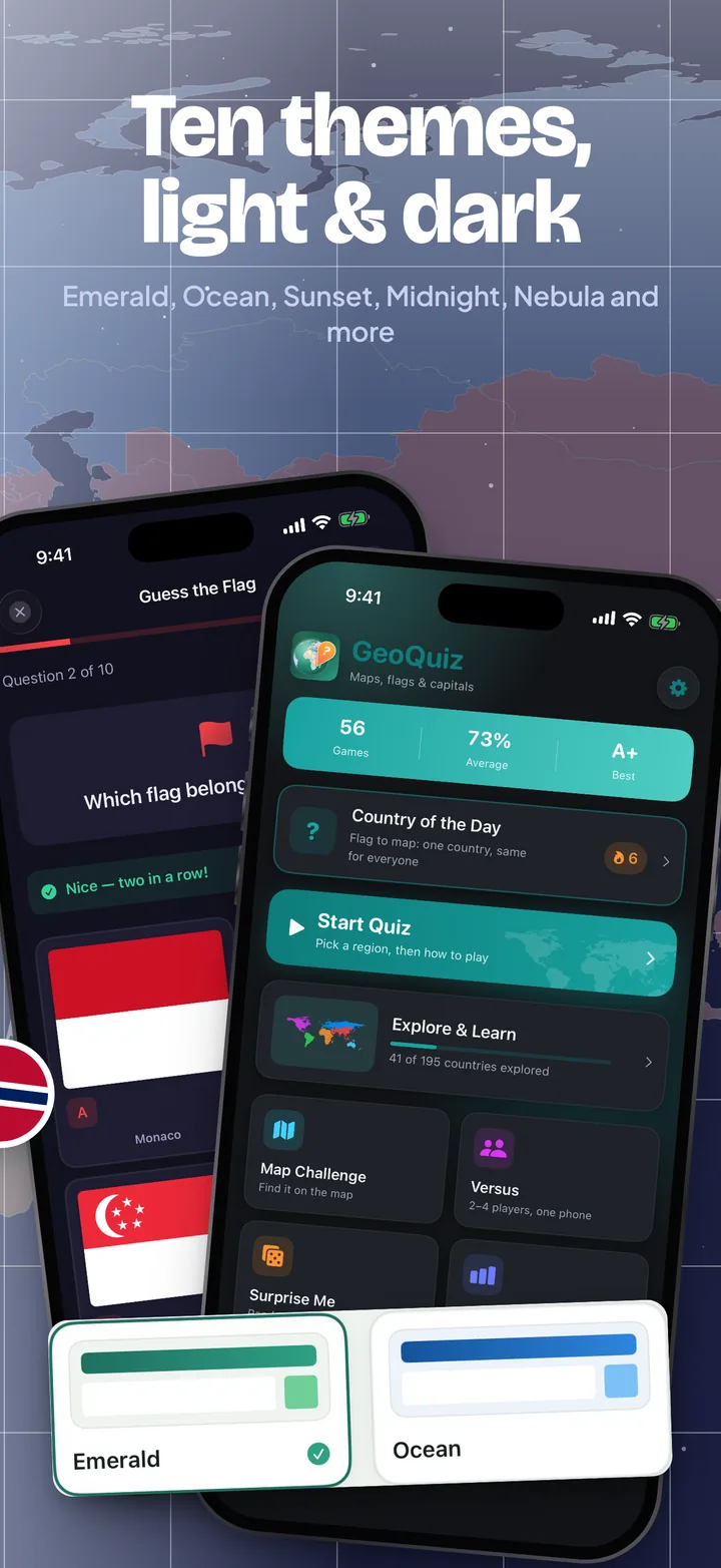 Ten themes, light and dark: two phones in the Midnight and Nebula themes, with the Emerald and Ocean theme swatches.