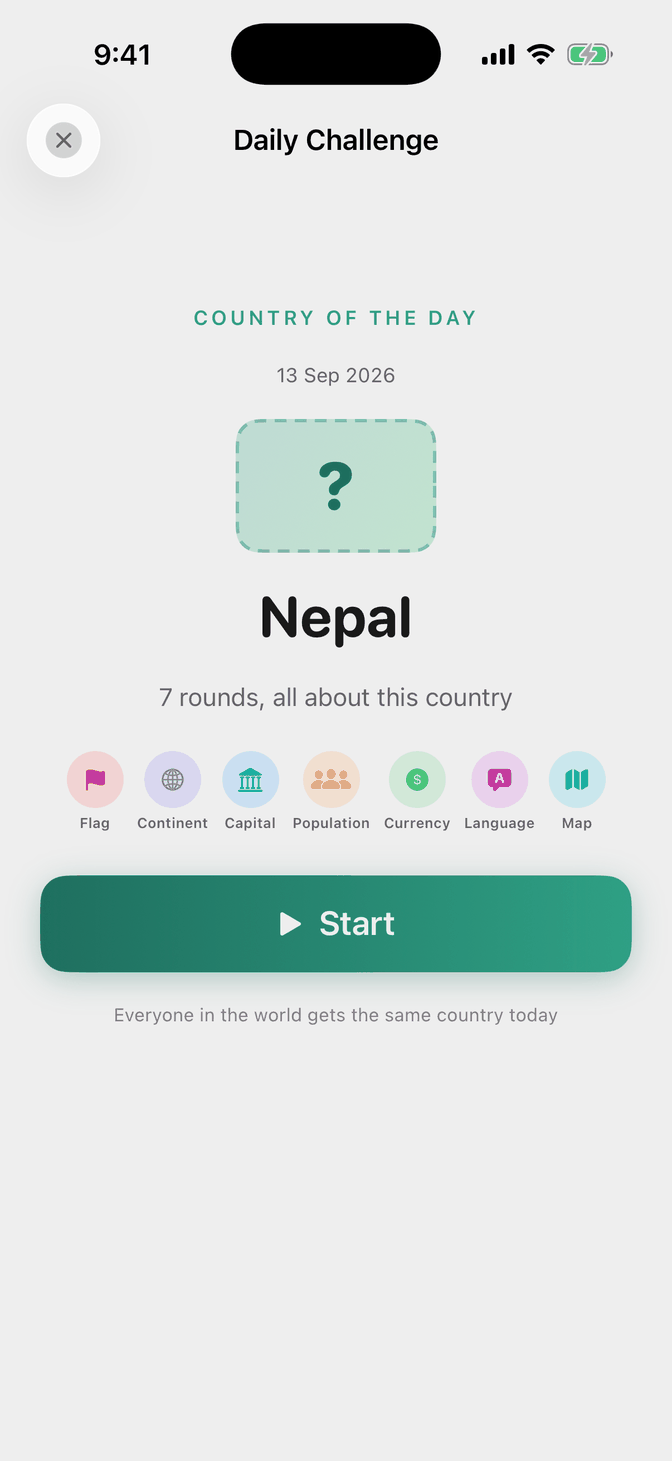 Country of the Day intro screen featuring Nepal, listing its seven rounds: flag, continent, capital, population, currency, language and map.