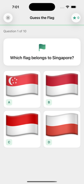 A Guess the Flag question asking which flag belongs to Singapore, with four flag choices.
