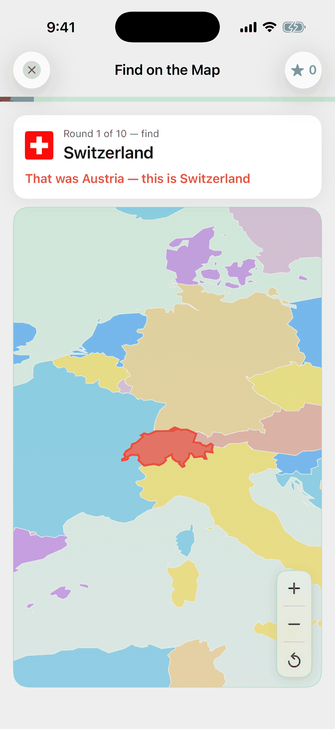 After tapping Austria instead of Switzerland, the map has travelled to Switzerland and outlined it in red, with the message: that was Austria, this is Switzerland.