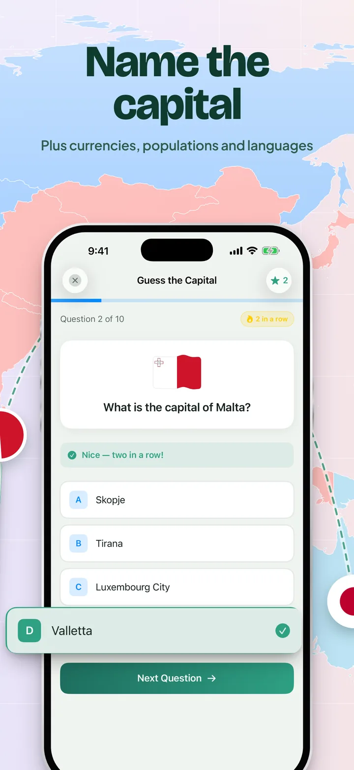 Name the capital: what is the capital of Malta, with Valletta marked correct.