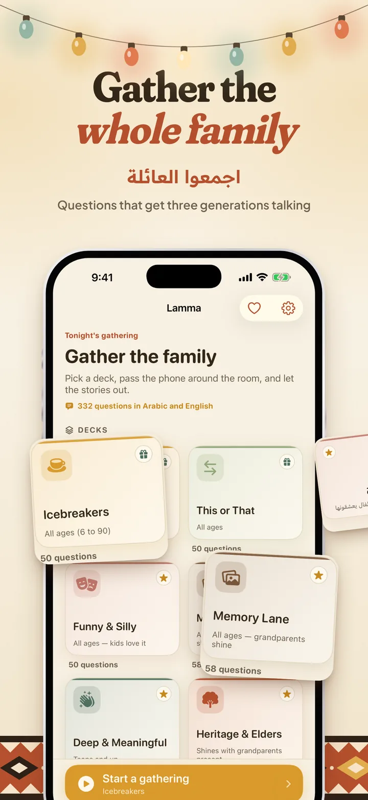 Gather the whole family: the Lamma home screen with its six decks, with the Icebreakers and Memory Lane decks lifted out beside the phone.