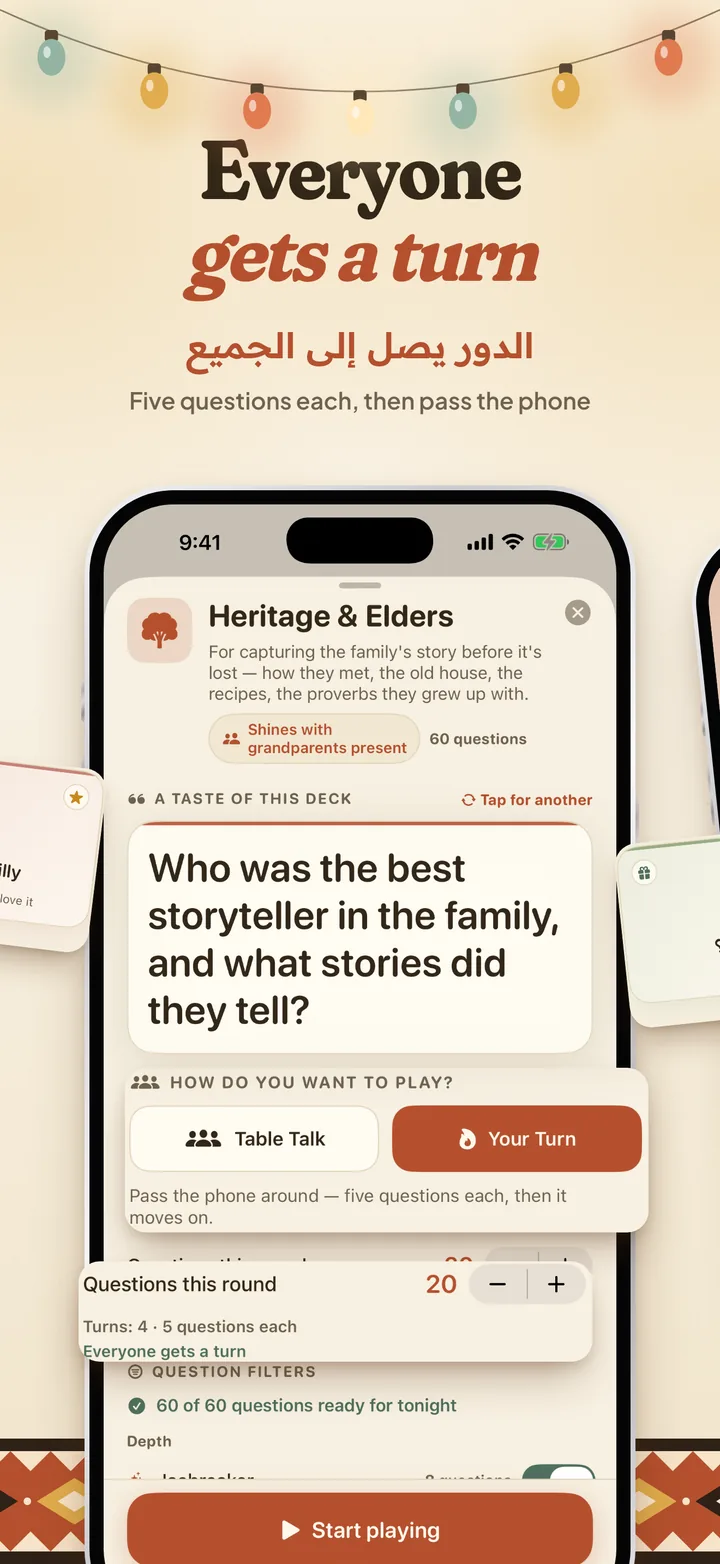 Everyone gets a turn: the Heritage and Elders deck set up for Your Turn, four players with five questions each.