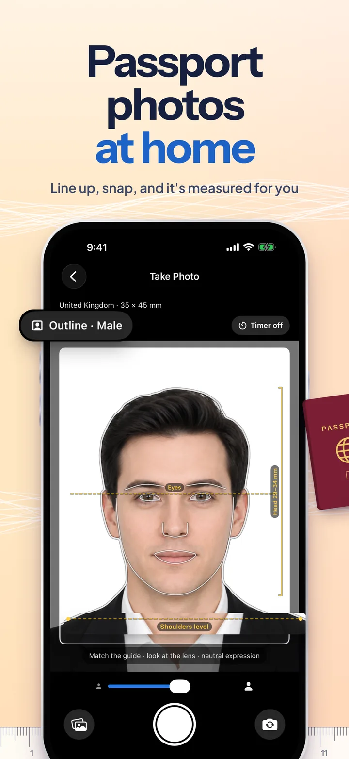 Passport photos at home: the camera with the outline guide over a man, with the eye line, the shoulders-level line and the UK head-size bracket.