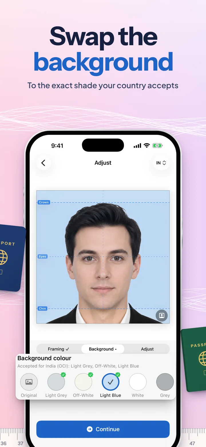 Swap the background: the photo on light blue for an India OCI card, with the accepted colours marked.