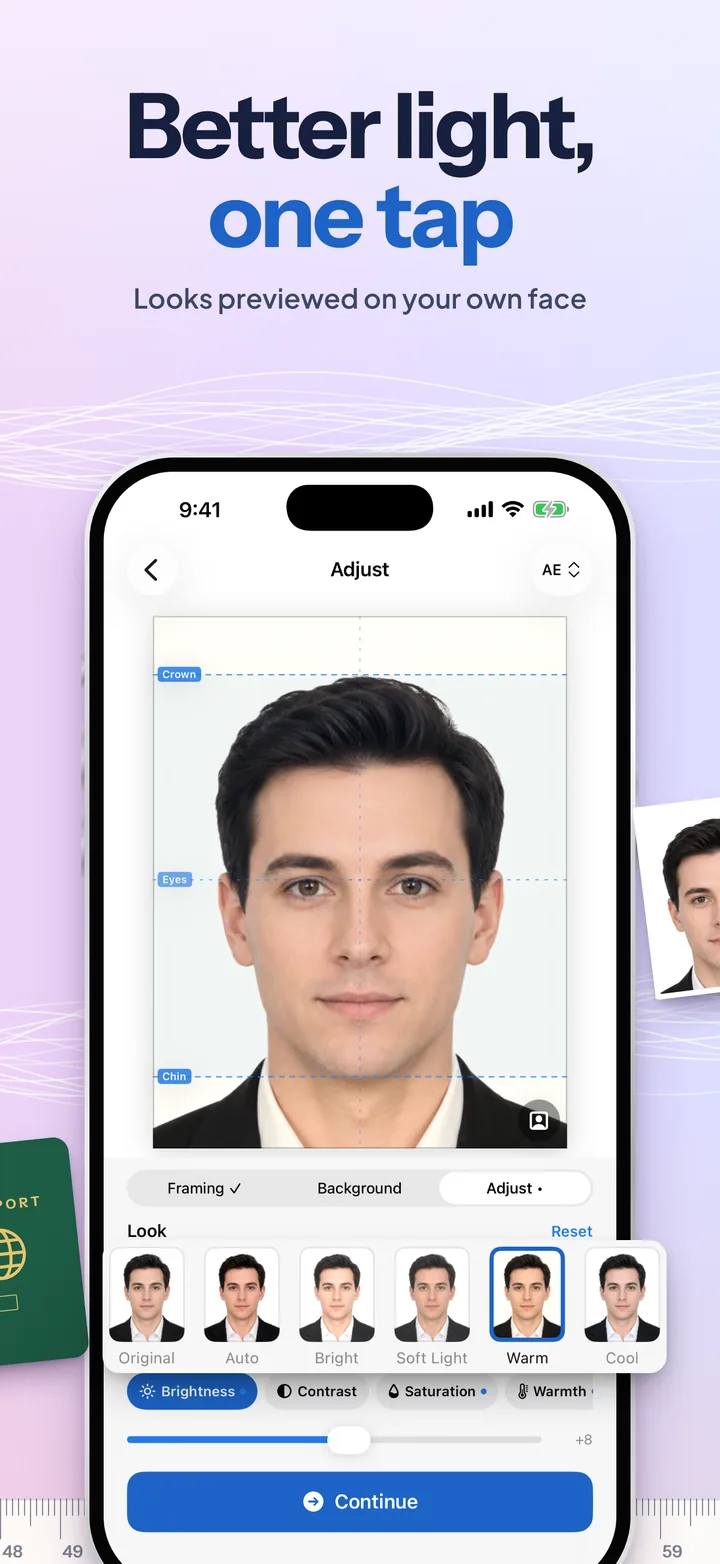 Better light, one tap: light presets previewed on the face, with Warm selected.