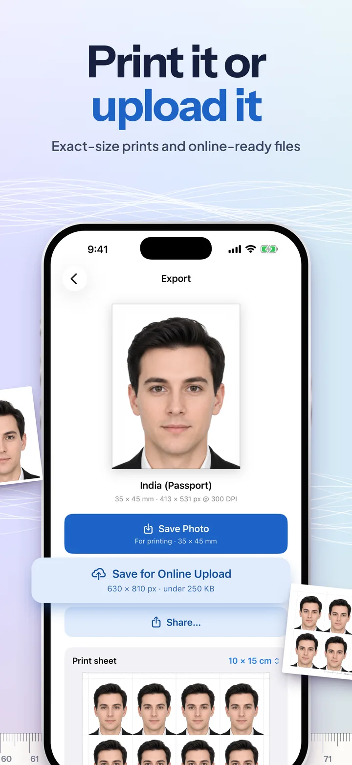 Print it or upload it: the finished India passport photo with Save Photo and Save for Online Upload at 630 by 810 pixels under 250 KB.