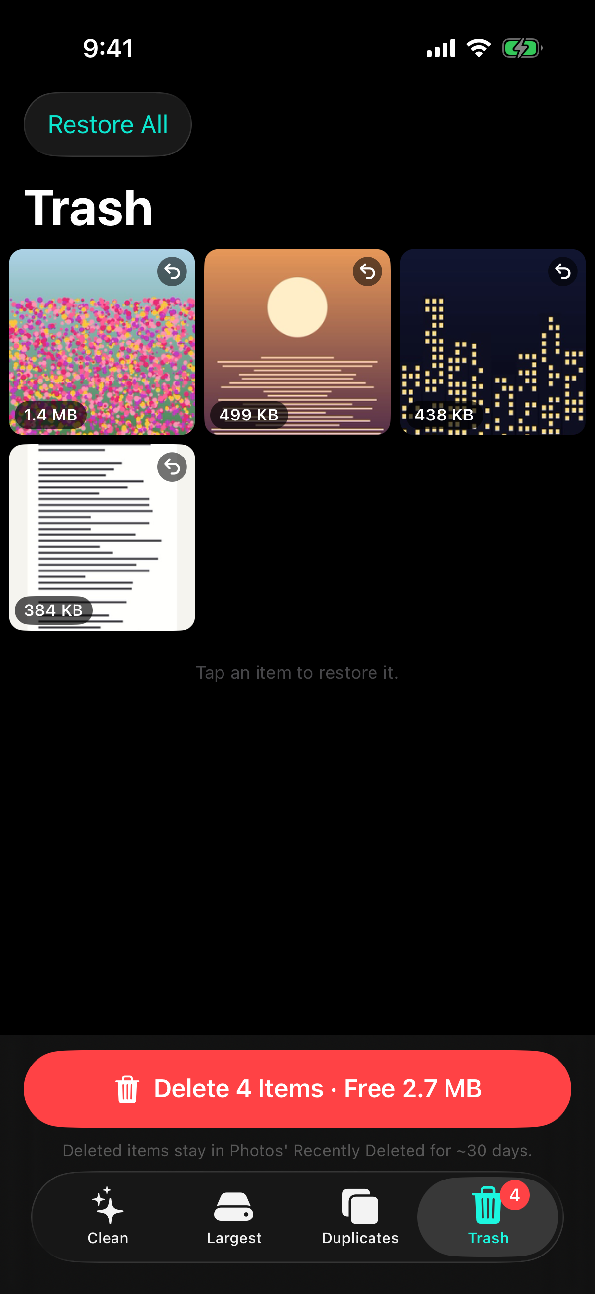 Trash tab — staged items as a grid with sizes and a delete button showing space to free