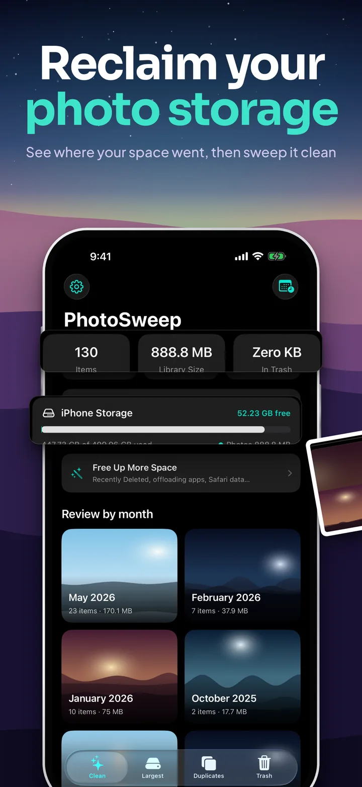 Reclaim your photo storage: the Clean tab with 130 items, an 888.8 MB library, the iPhone storage bar and months to review.