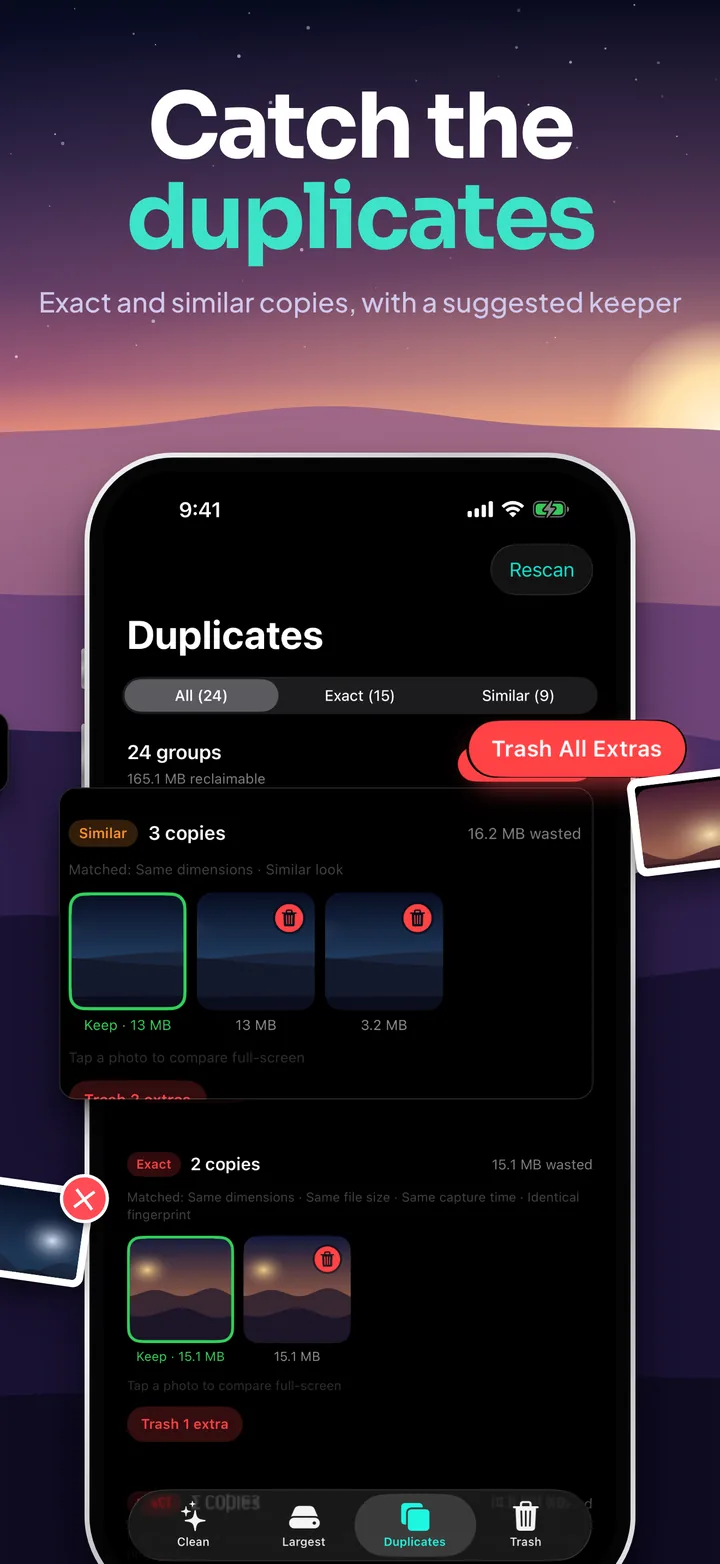 Catch the duplicates: similar and exact groups with a suggested keeper and a Trash All Extras button.