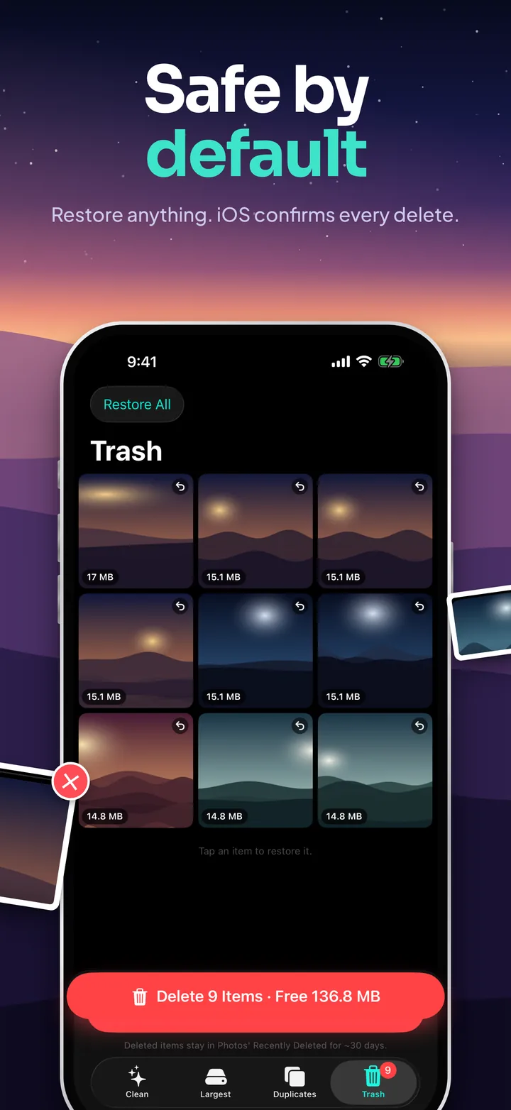 Safe by default: the Trash tab with nine staged photos that can be restored, and a button to delete them and free 136.8 MB.