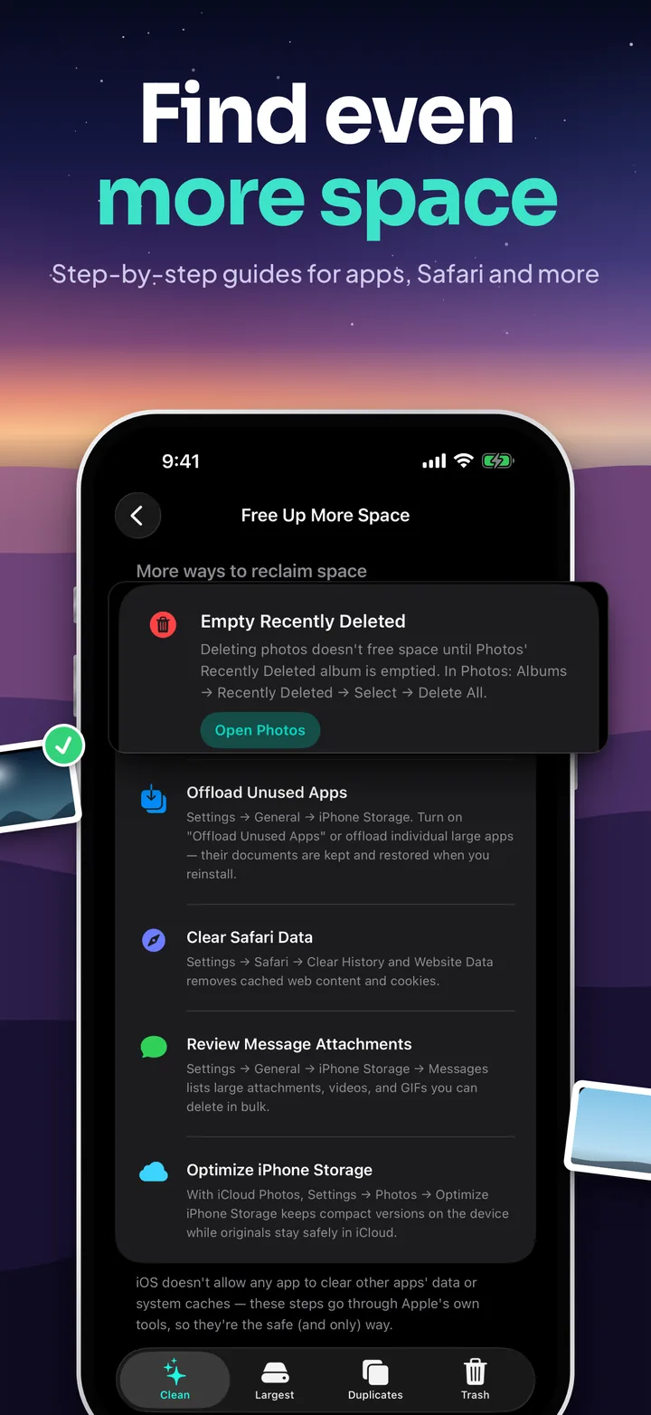 Find even more space: step-by-step guides for emptying Recently Deleted, offloading apps and clearing Safari data.