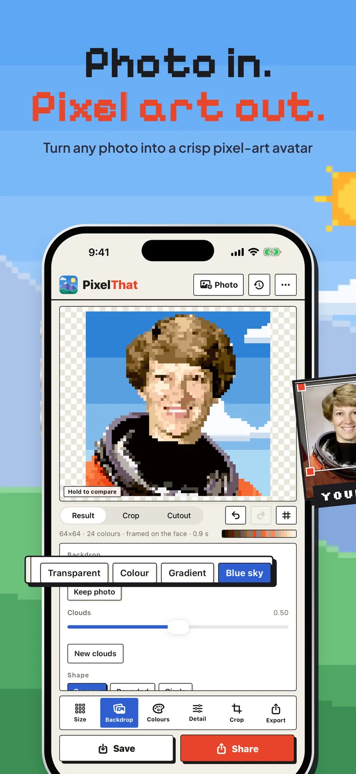 Photo in, pixel art out: the editor with a portrait redrawn as pixel art on a blue-sky backdrop, and the original photo beside the phone.