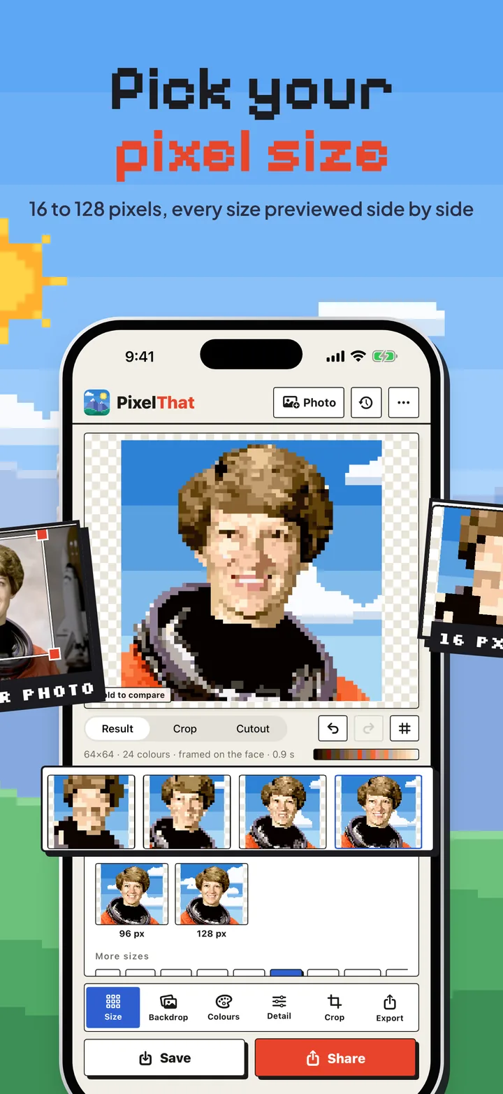 Pick your pixel size: the same portrait previewed at 16, 32, 48 and 64 pixels.
