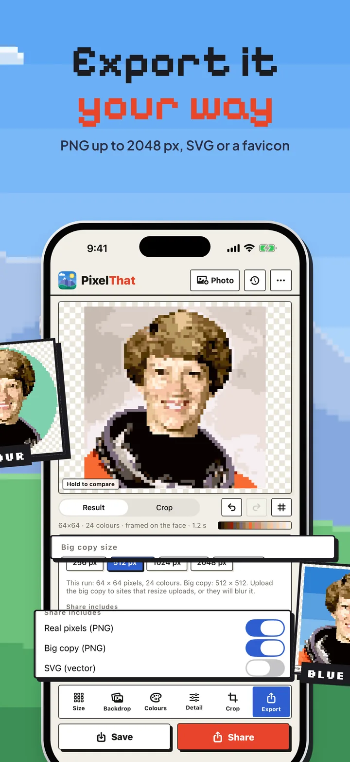 Export it your way: big-copy sizes from 256 to 2048 pixels, and PNG, SVG and ICO options.