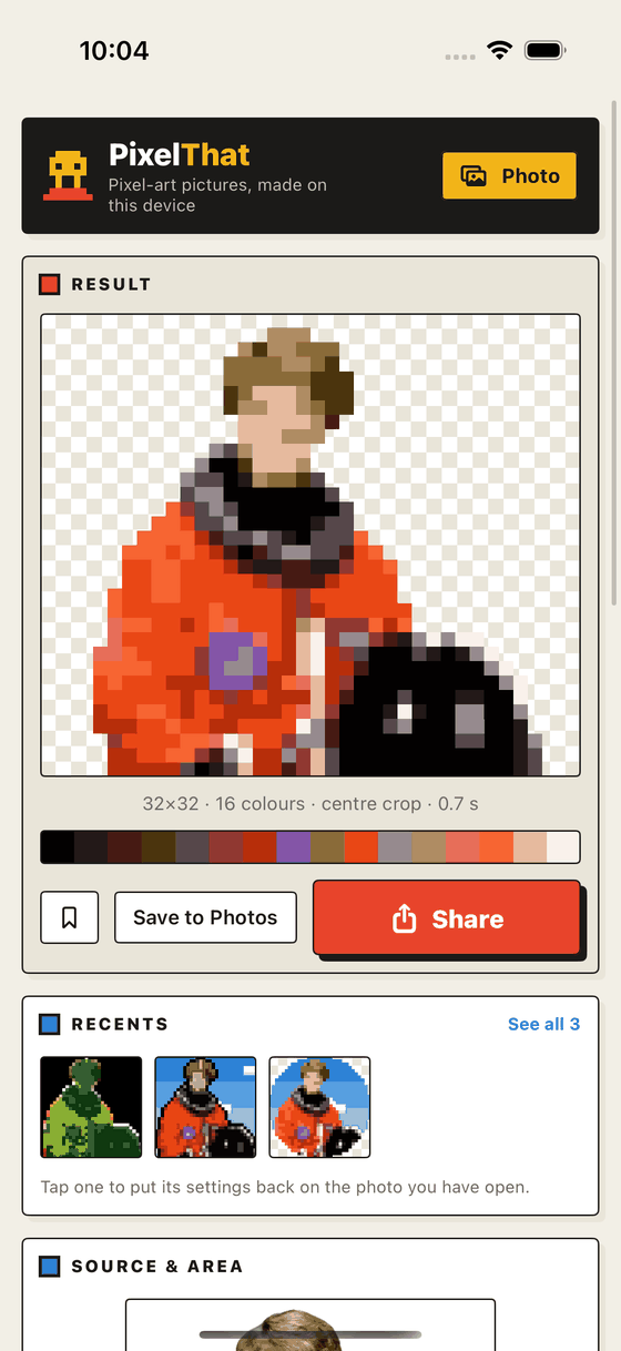 The PixelThat editor: a photo turned into a 32 by 32 pixel avatar, with the palette and the Recents strip below it