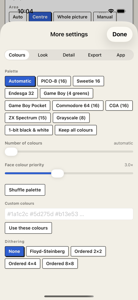The palette and dithering settings, with every built-in palette listed