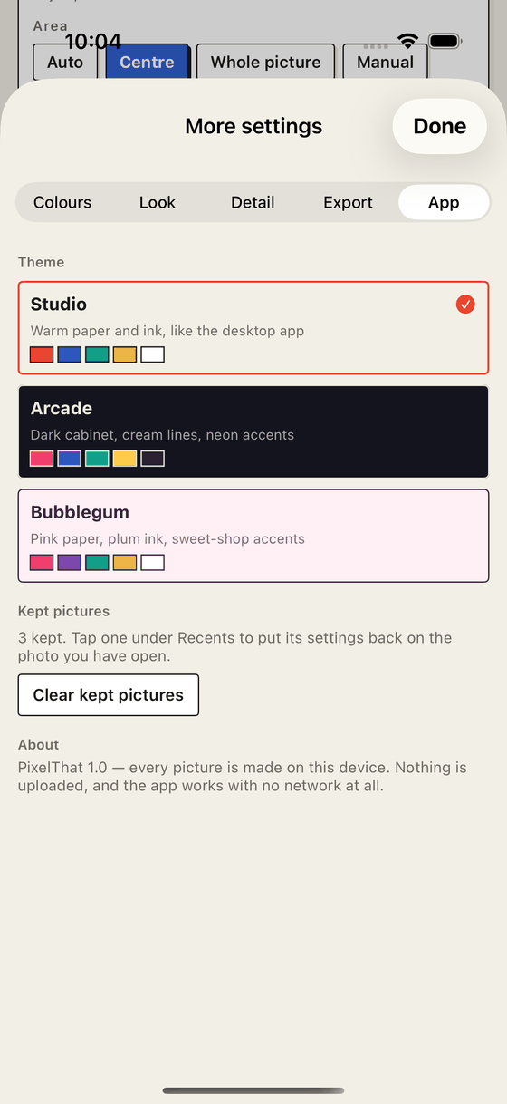 The theme picker showing Studio, Arcade and Bubblegum