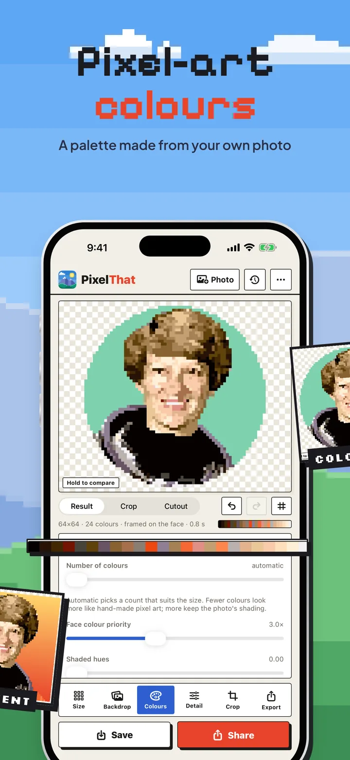 Pixel-art colours: the portrait on a colour circle, with the palette taken from the photo.