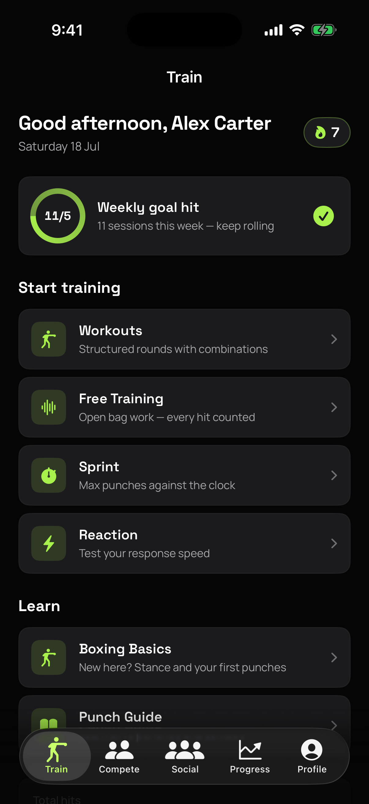 Train tab — start free training, workouts, and drills