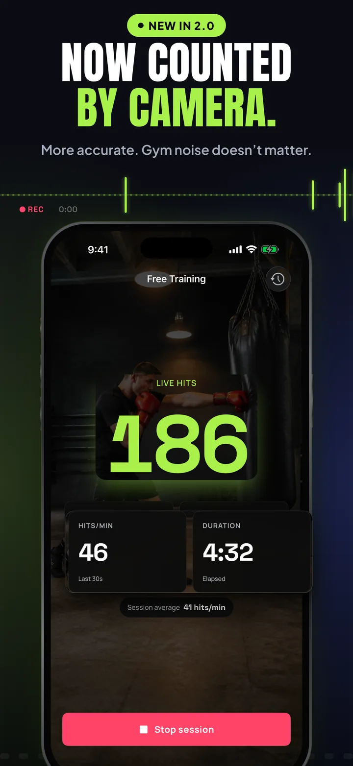 New in 2.0, now counted by camera: Free Training over the camera picture with 186 live hits, 46 hits a minute, 4 minutes 32 in.