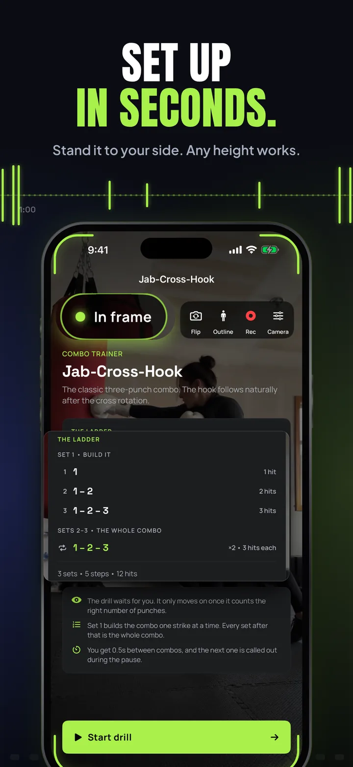 Set up in seconds: the camera set-up screen saying In frame, with the Jab-Cross-Hook combo ladder.