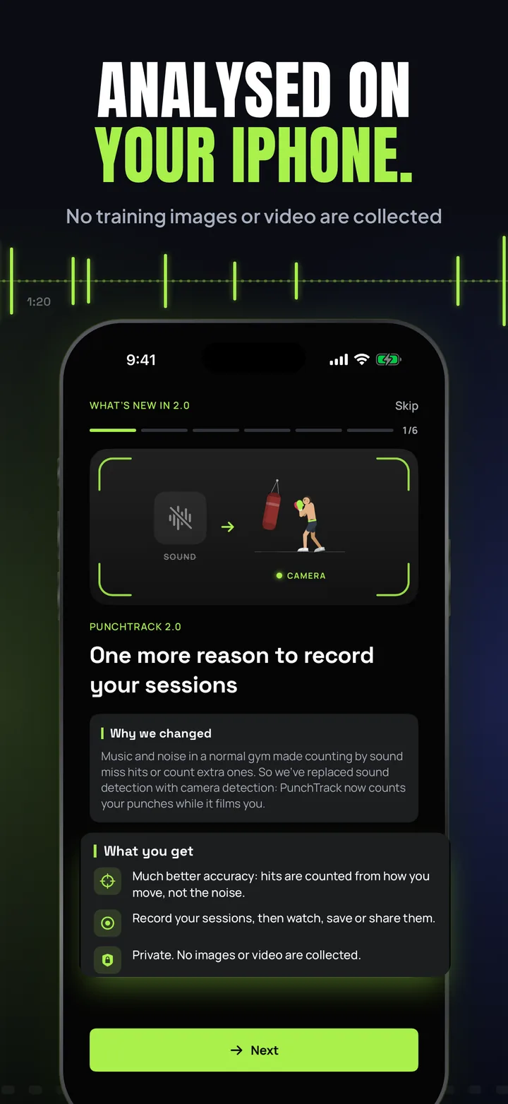 Analysed on your iPhone: the 2.0 announcement, with better accuracy, recorded sessions, and no images or video collected.