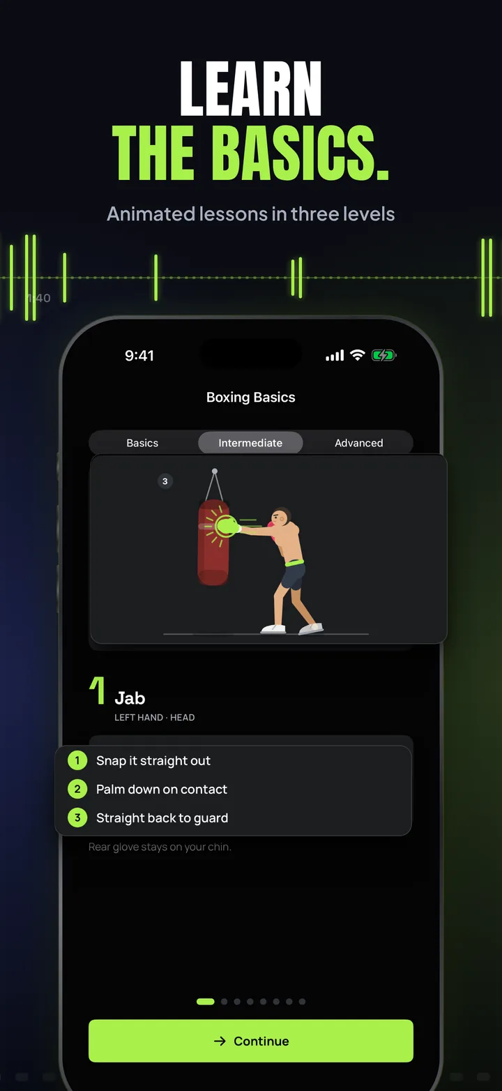 Learn the basics: a Boxing Basics lesson on the jab, with an animated boxer at the bag.