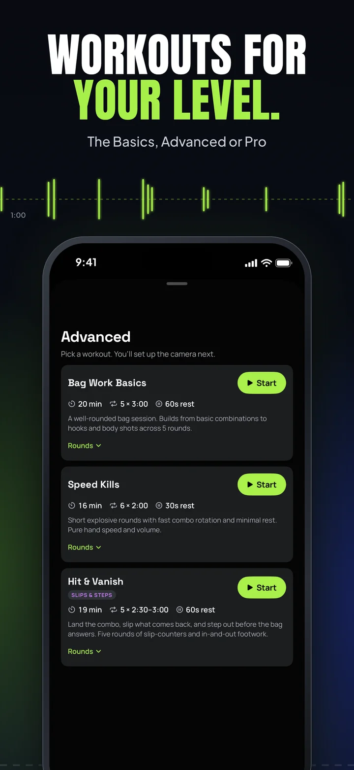 Workouts for your level: the Advanced workouts with rounds, time, rest and a Slips & steps tag.