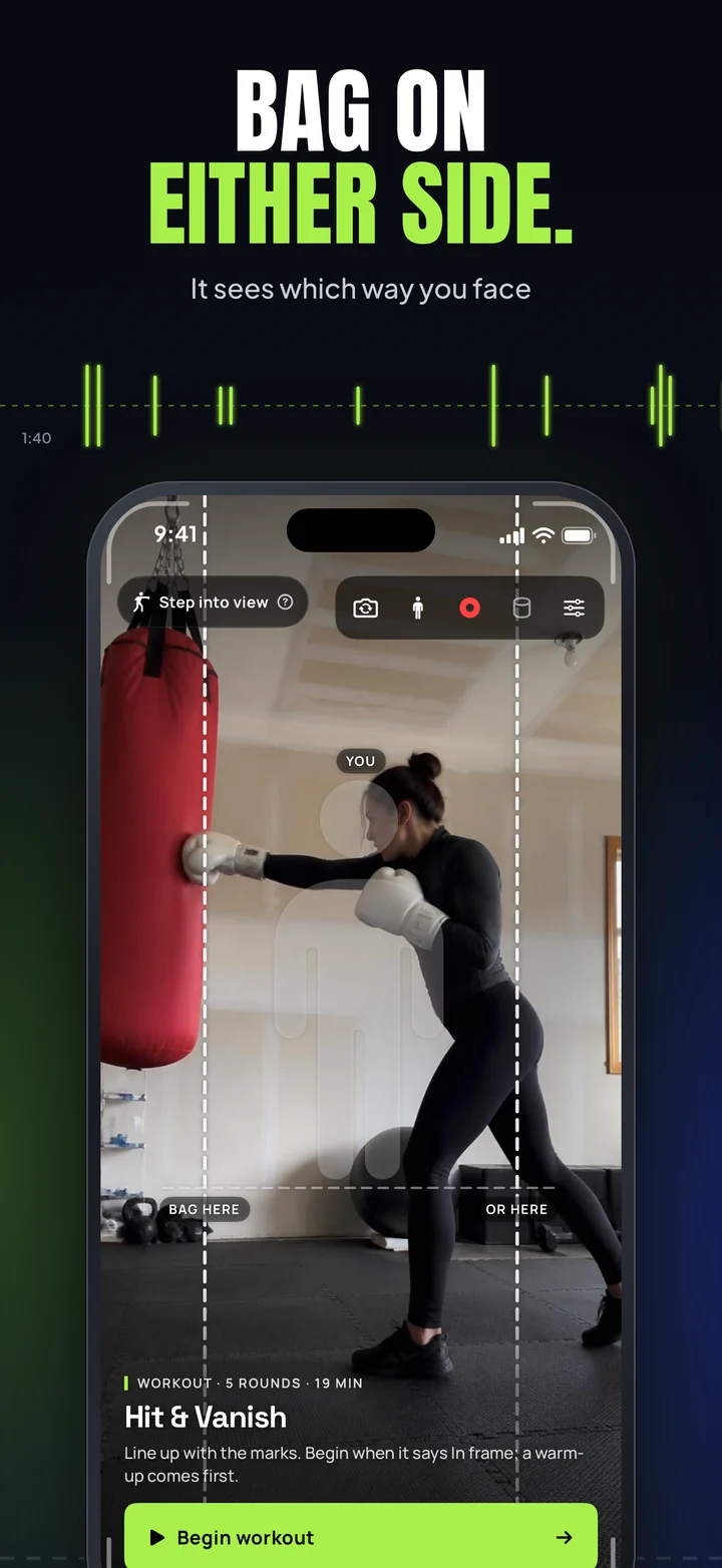 Bag on either side: the workout start screen with a dashed bag line on each side of the picture.