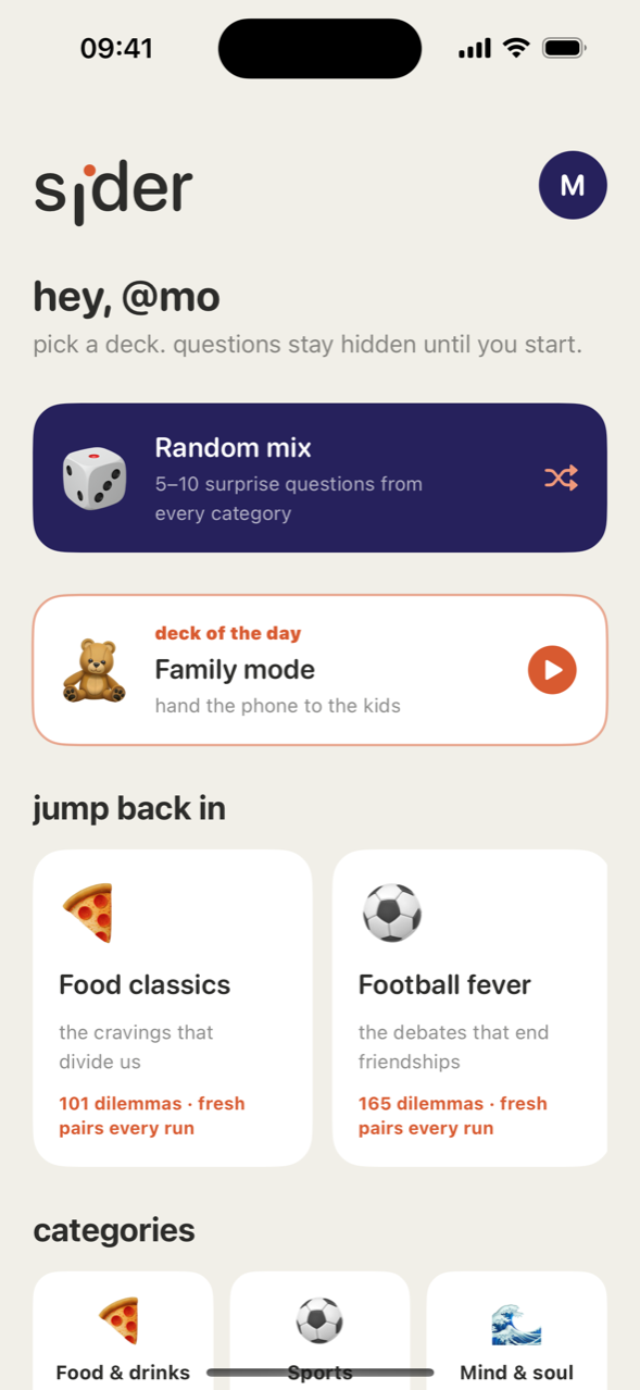 Sider home screen with a Random Mix card, a deck of the day, and recent decks including Food Classics and Football Fever.