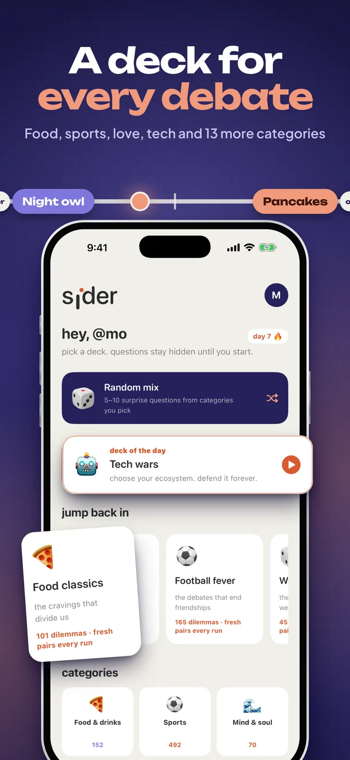 A deck for every debate: the home screen with Random mix, the deck of the day and recent decks.