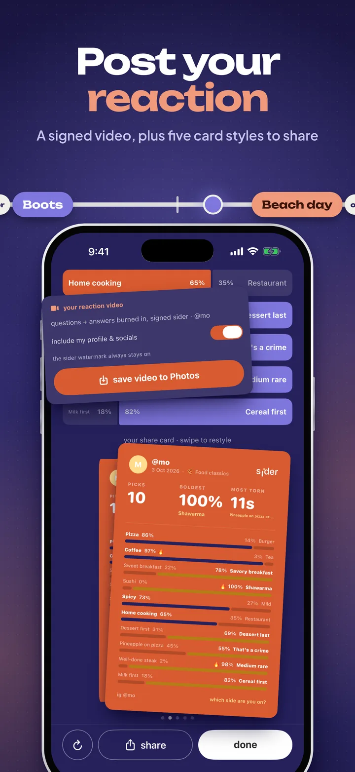 Post your reaction: the reaction video export and a share card in the coral theme.